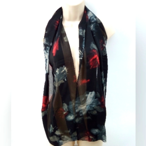 Vintage Dark Floral Semi Sheer Panel Red Gray Roses Romantic Neck Scarf - Picture 2 of 7